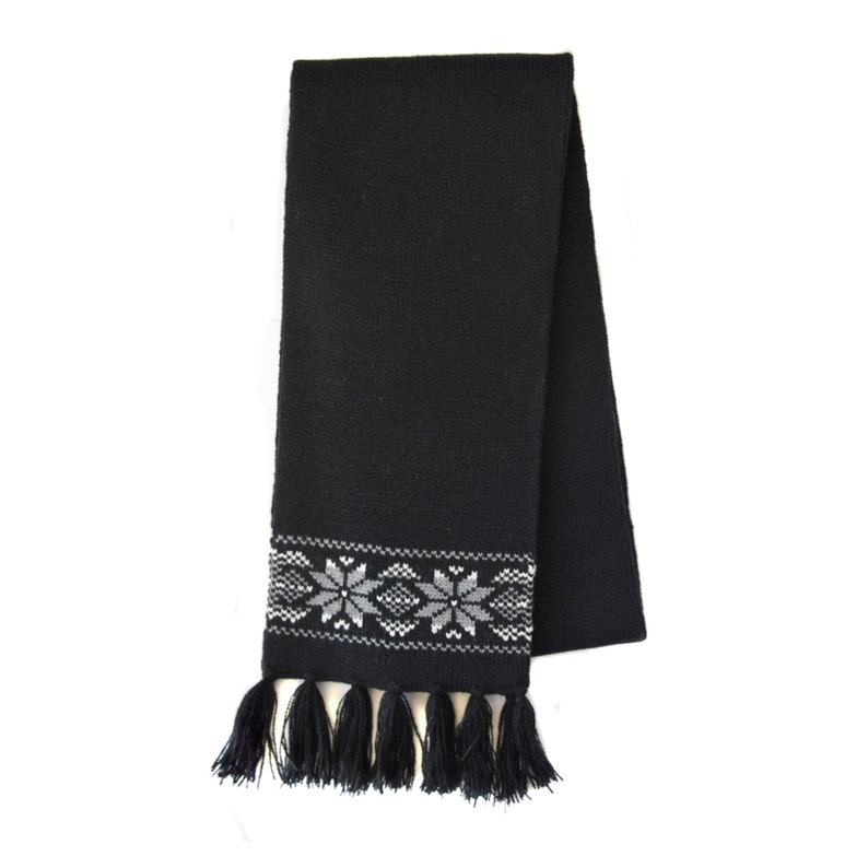 Black Woolen Scarf with Tassels Thick Knitted Scandinavian Scarf with Nordic Icelandic Fair isle Traditional jacquard for Men and Women image 7