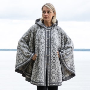 Gray Woolen poncho with Fair Isle pattern Nordic Icelandic cape for cold days on the Buttons Big Hooded Cardigan for Women Woollana image 5