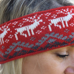 Men & Women Headband Nordic Woolen Head bandage with fair isle Icelandic pattern Red Jacquard Ear warmer for skiing with reindeer Woollana image 5