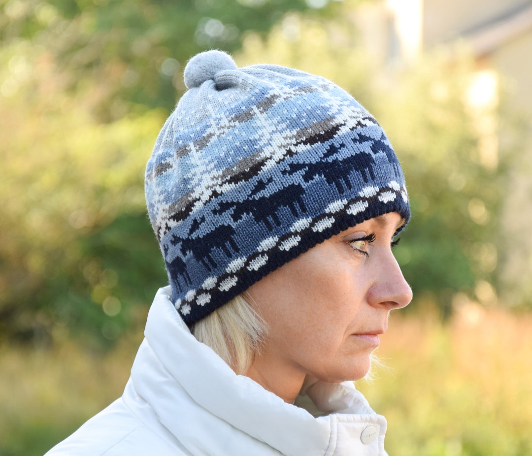 Nordic Wool Beanie: Fair Isle Landscape, Moose Design - Etsy display picture 3