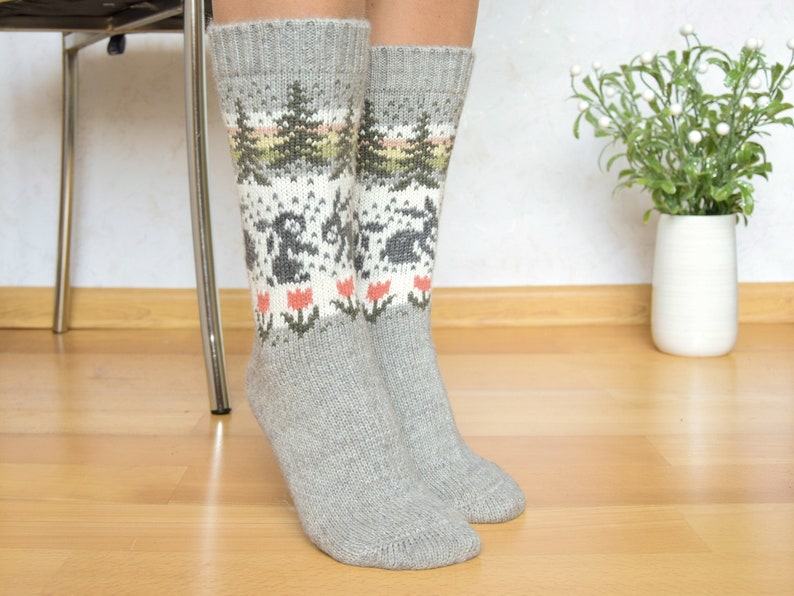 Beautiful Gray Alpaca Wool Socks Warm Fair Isle socks with rabbits flowers and trees Nordic Icelandic jacquard patterns for skiing Woollana image 8