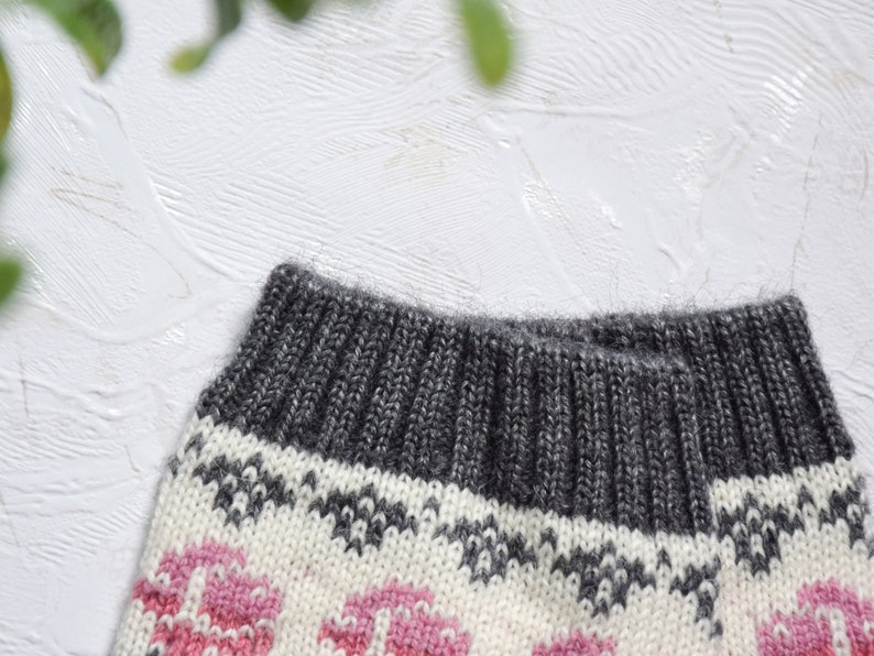 Alpaca Wool Socks with Pink Roses Light Gray Warm Fair Isle socks for home Nordic Icelandic patterns for skiing Scandinavian style Woollana image 9