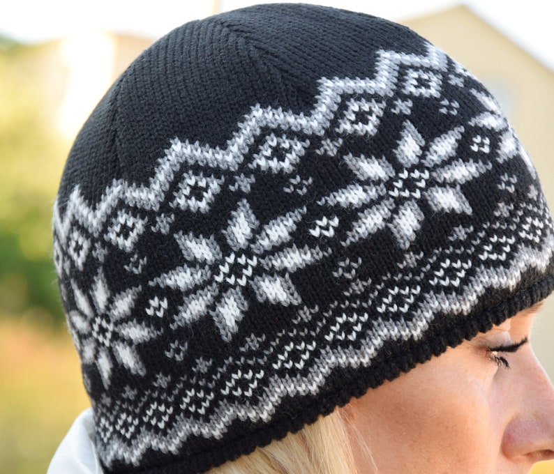 Knitted Nordic Woolen Hat with fair isle pattern Beanie for men and women with beautiful Scandinavian Jacquard pattern Black hat BIRASI image 3