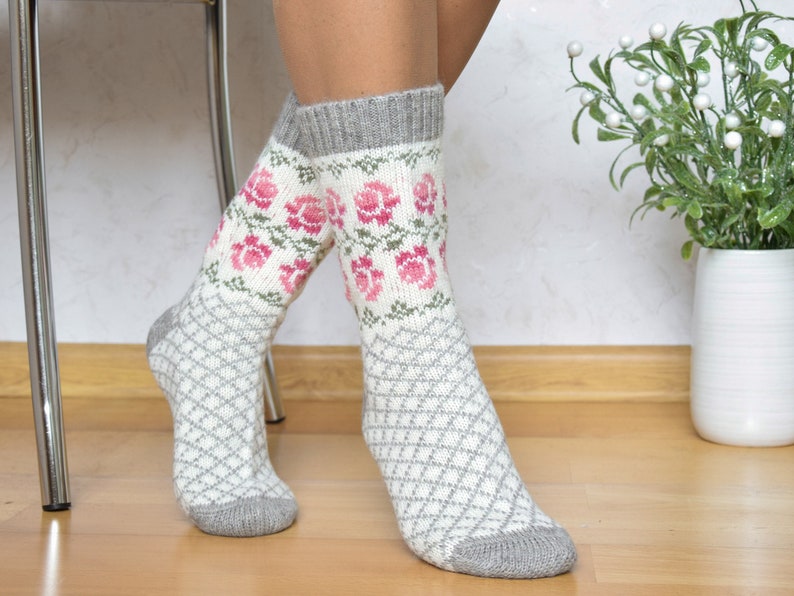 Alpaca Wool Socks with Pink Roses Light Gray Warm Fair Isle socks for home Nordic Icelandic patterns for skiing Scandinavian style Woollana image 1