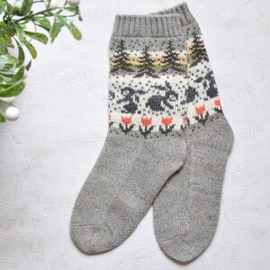 Beautiful Gray Alpaca Wool Socks Warm Fair Isle socks with rabbits flowers and trees Nordic Icelandic jacquard patterns for skiing Woollana image 4