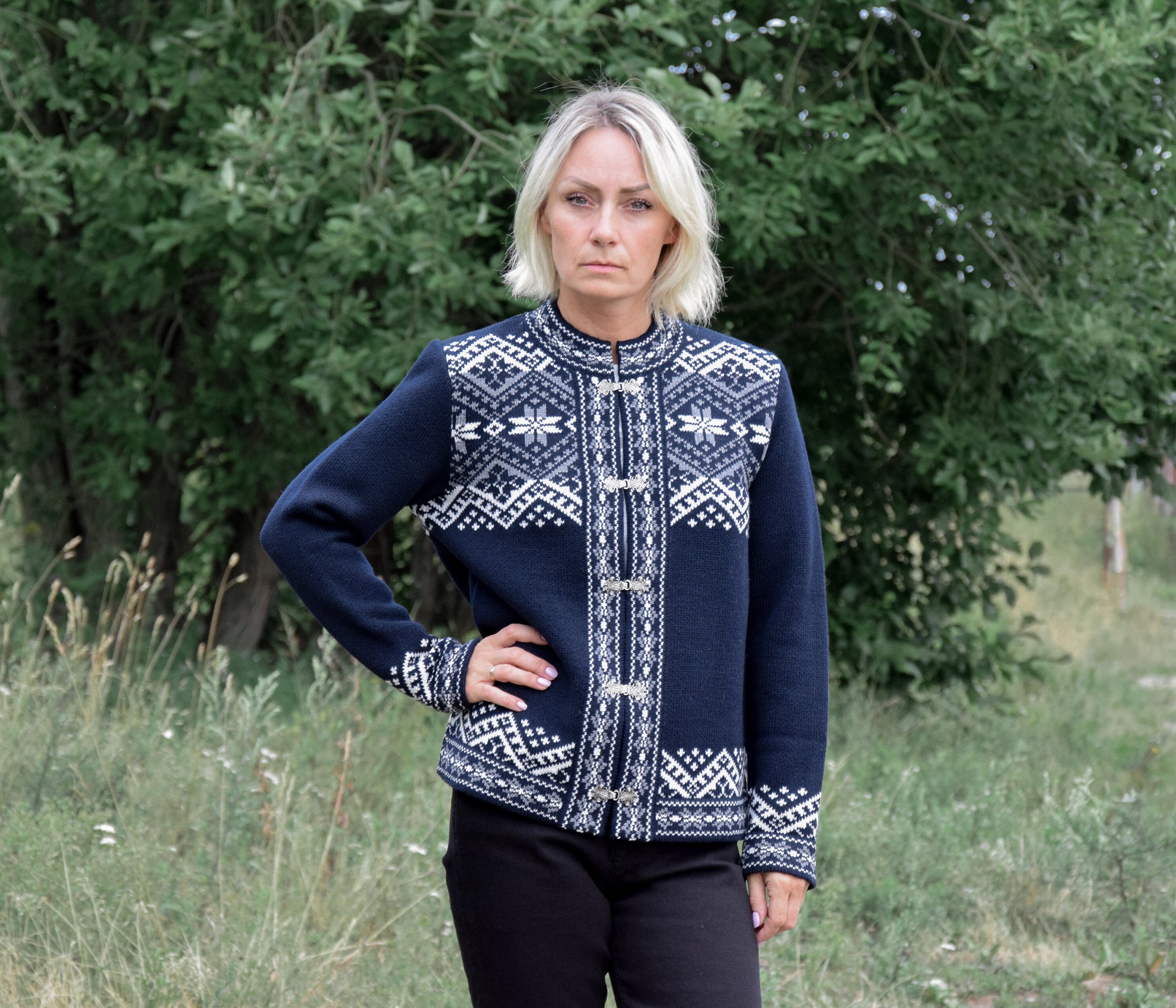 Knitted Wool Cardigan: Navy Fair Isle Nordic Sweater With Frog