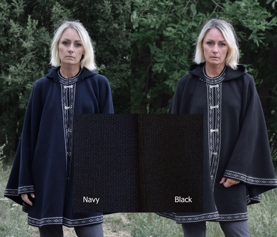 Navy/black Woolen Poncho With Fair Isle Pattern Hooded Nordic