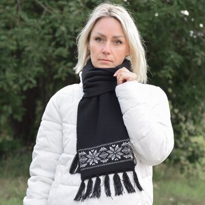 Black Woolen Scarf with Tassels Thick Knitted Scandinavian Scarf with Nordic Icelandic Fair isle Traditional jacquard for Men and Women image 3