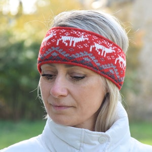 Men & Women Headband Nordic Woolen Head bandage with fair isle Icelandic pattern Red Jacquard Ear warmer for skiing with reindeer Woollana image 6