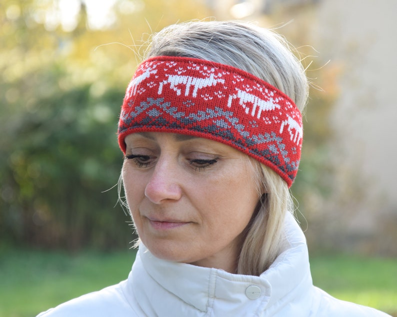 Men & Women Headband Nordic Woolen Head bandage with fair isle Icelandic pattern Red Jacquard Ear warmer for skiing with reindeer Woollana image 6