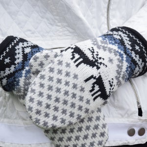 Knitted Mittens for Men and Women Beautiful Black & White fleece-lined Nordic woolen Mittens with Scandinavian Fair Isle pattern Woollana image 5