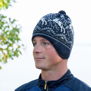 Warm Beanie for Men and Women Knitted Nordic Woolen Hat with fair isle Icelandic pattern Navy Jacquard Beanie for skiing with reindeer image 2