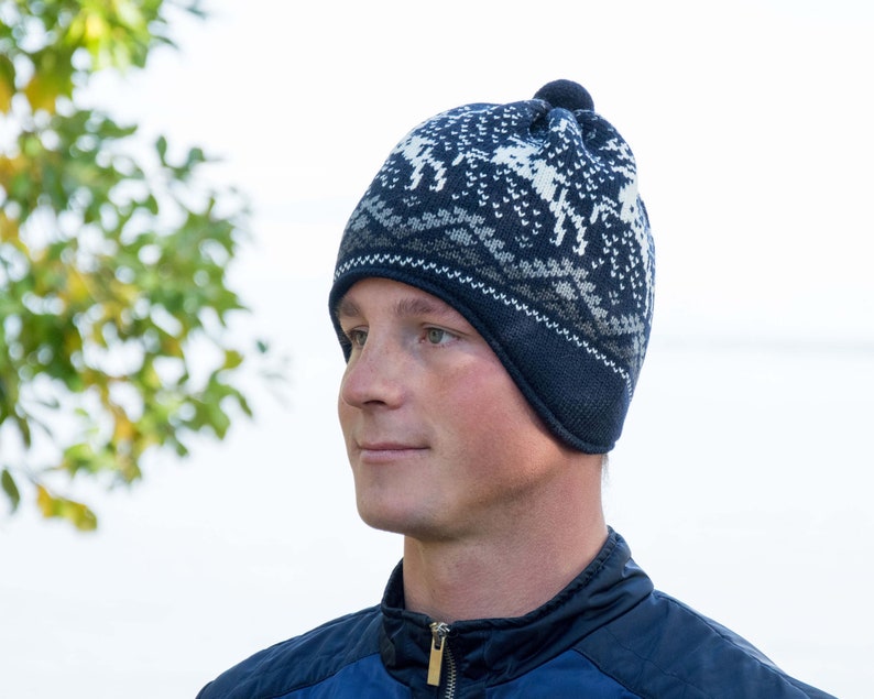 Warm Beanie for Men and Women Knitted Nordic Woolen Hat with fair isle Icelandic pattern Navy Jacquard Beanie for skiing with reindeer image 2