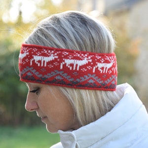 Men & Women Headband Nordic Woolen Head bandage with fair isle Icelandic pattern Red Jacquard Ear warmer for skiing with reindeer Woollana image 3