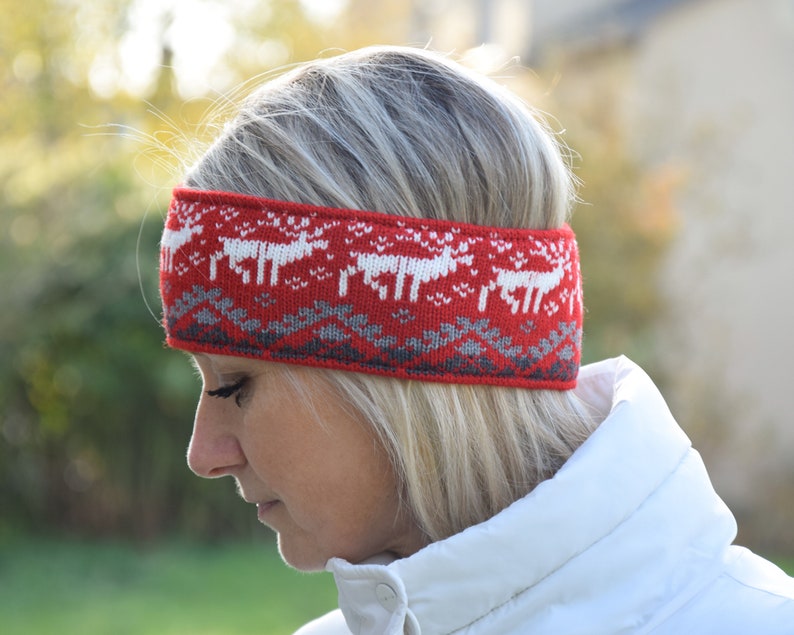 Men & Women Headband Nordic Woolen Head bandage with fair isle Icelandic pattern Red Jacquard Ear warmer for skiing with reindeer Woollana image 3