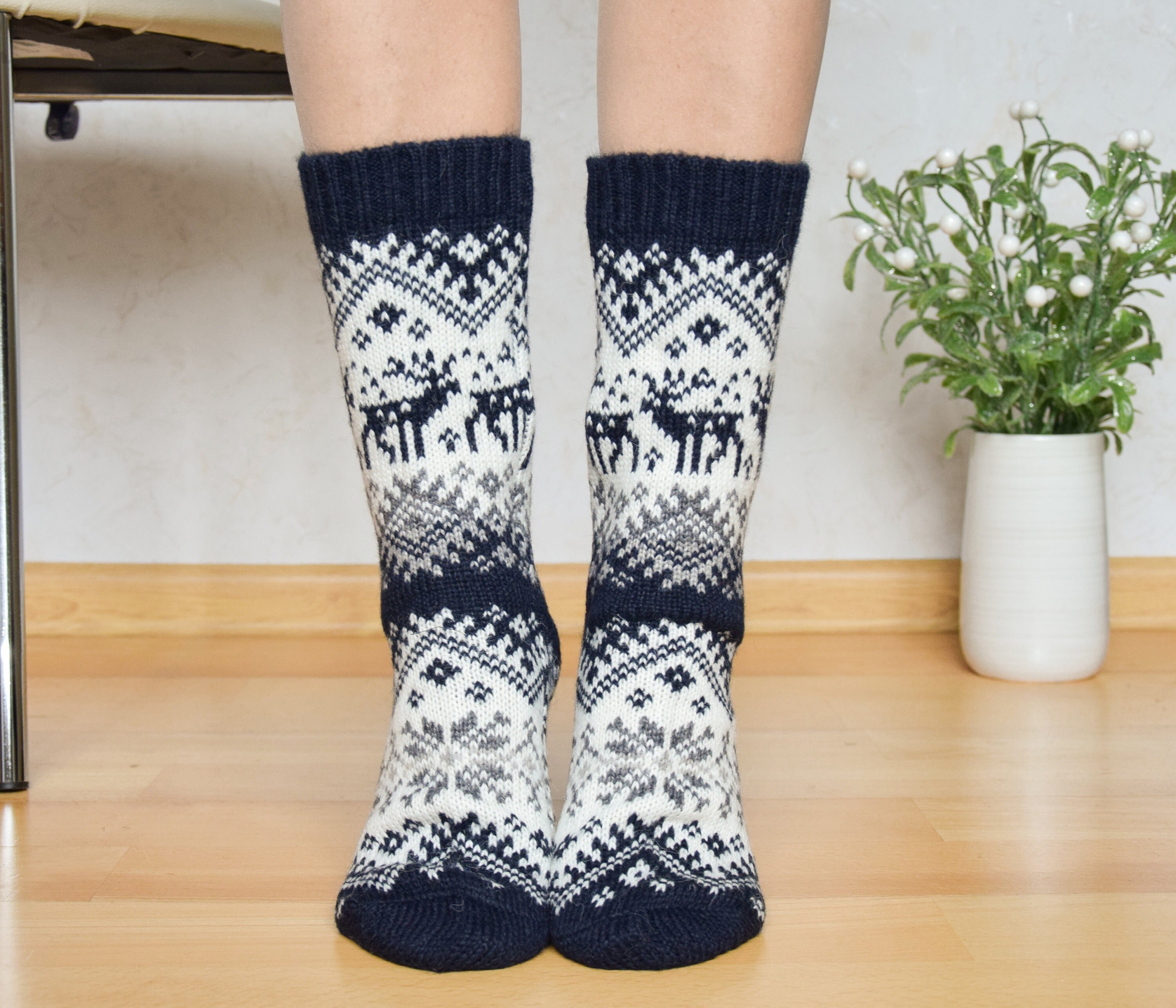 Navy Alpaca Wool Socks with Dark Nordic Jacquard Christmas Socks for all family New Year present Fair Isle Winter socks With reindeer