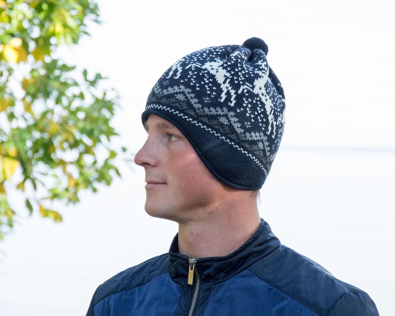 Warm Beanie for Men and Women Knitted Nordic Woolen Hat with fair isle Icelandic pattern Navy Jacquard Beanie for skiing with reindeer image 1