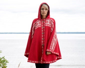 Red Woolen poncho with Fair Isle pattern Nordic cape on the Norwegian clasps for Women Wide Icelandic cardigan with Scandinavian pattern