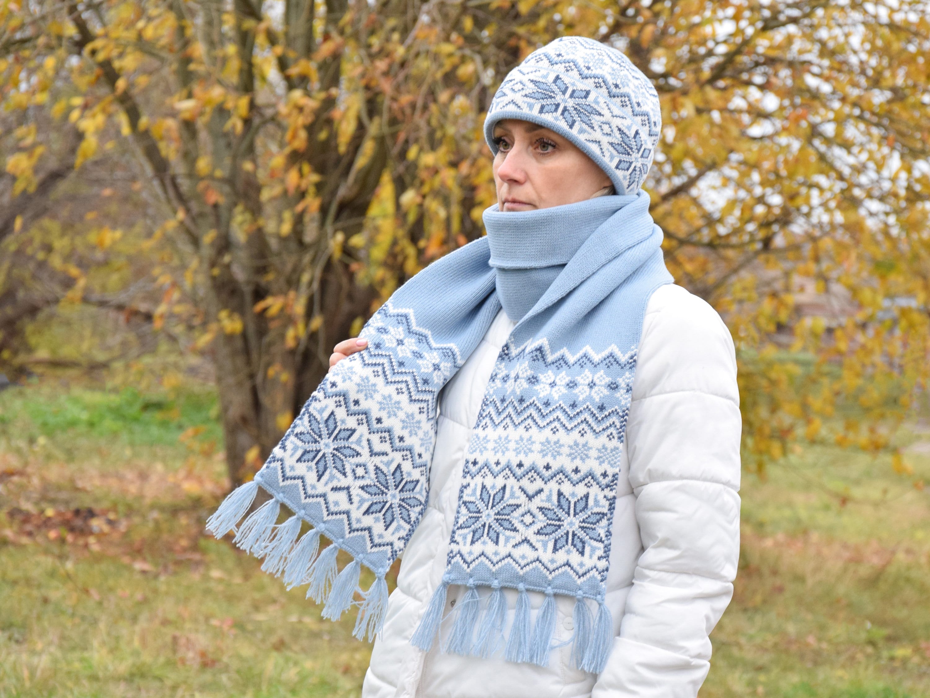 【とりくん】BAL JACQUARDKNITSOCCER SCARF Blue Winter Scarf With Beautiful Selbu Stars Scandinavian