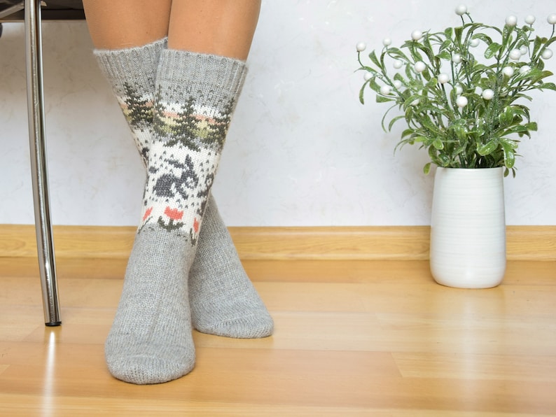 Beautiful Gray Alpaca Wool Socks Warm Fair Isle socks with rabbits flowers and trees Nordic Icelandic jacquard patterns for skiing Woollana image 9