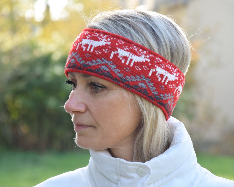 Men & Women Headband Nordic Woolen Head bandage with fair isle Icelandic pattern Red Jacquard Ear warmer for skiing with reindeer Woollana image 1