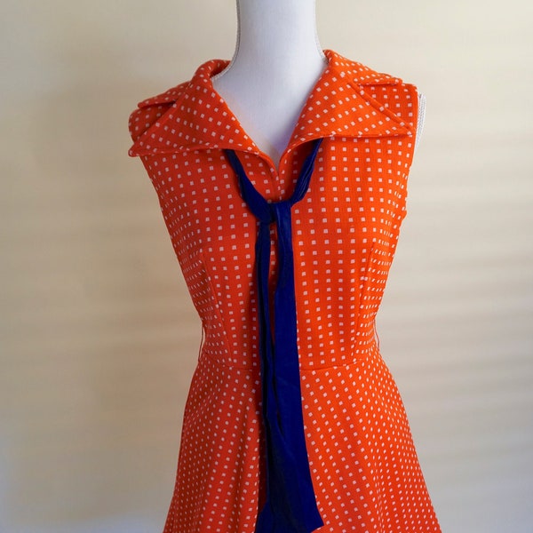 1960s Handmade Swing Rockabilly Dress with Sailor Neck Detail, Red Checkers with Navy Blue