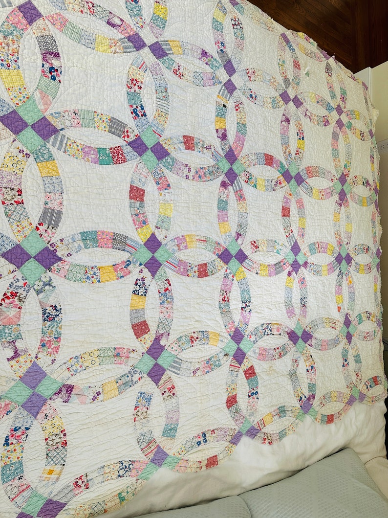 Vintage Purple Green Double Wedding Ring Quilt Twin Size Etsy