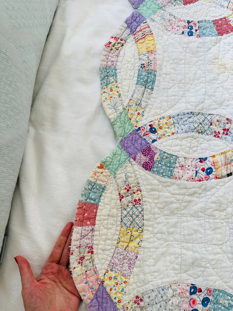 Vintage Purple Green Double Wedding Ring Quilt Twin Size Etsy