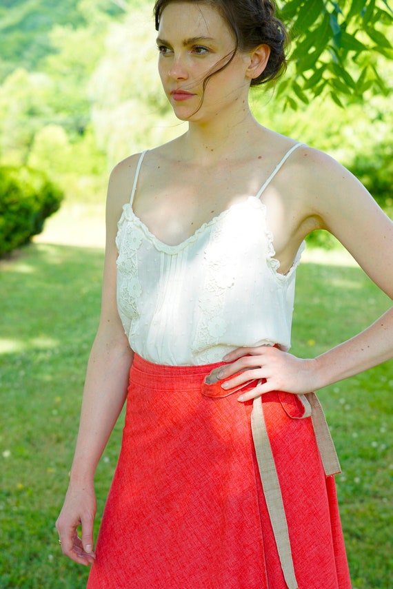 Coral red linen double layered cotton wrap skirt - image 1