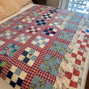 Vintage Handmade Nine-Patch Quilt, Scrappy Gingham Patchwork Blanket, Cozy Farmhouse Bedding, Cottagecore Quilt, Hand-Quilted Cottage Decor