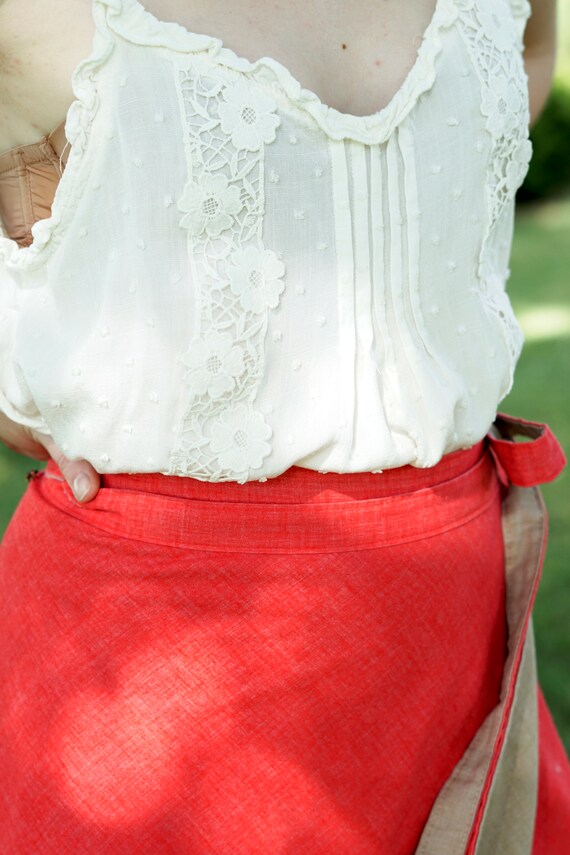 Coral red linen double layered cotton wrap skirt - image 3