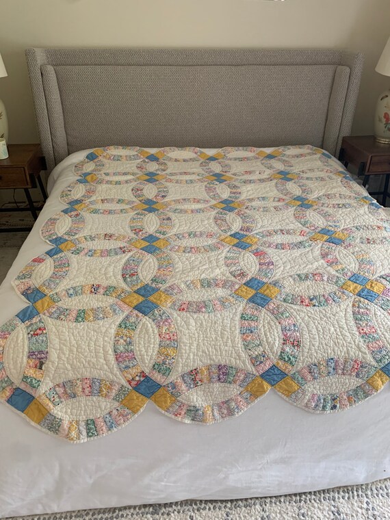 Vintage Double Wedding Ring Quilt Twin/throw Size Blues Etsy