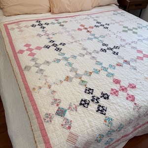 Vintage Handmade Patchwork Quilt, Nine-Patch On-Point Scrappy Quilt, Cozy Farmhouse Bedding, Cottagecore, Hand-Quilted Antique Textile