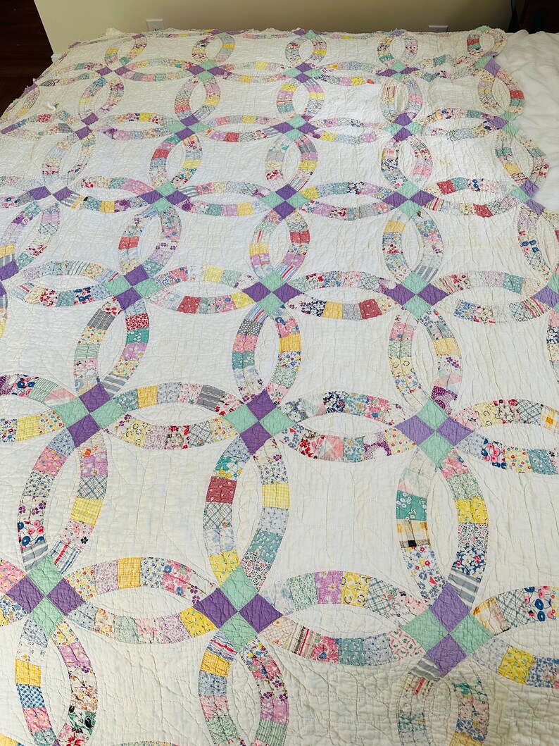 Vintage Purple Green Double Wedding Ring Quilt Twin Size Etsy