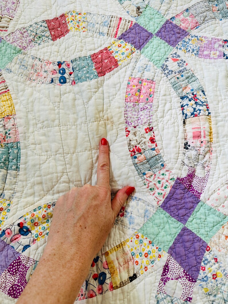 Vintage Purple Green Double Wedding Ring Quilt Twin Size Etsy