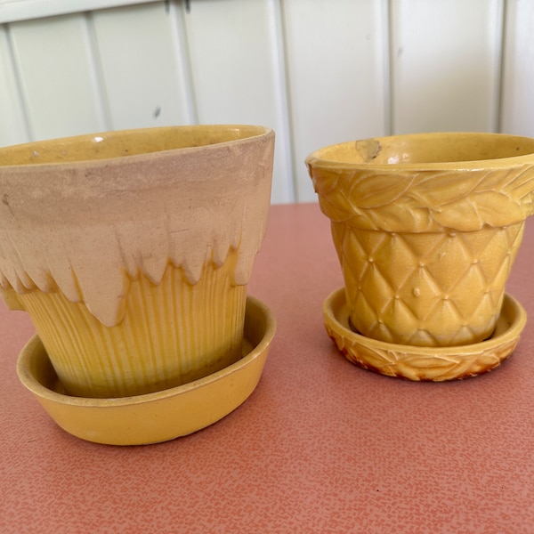 McCoy Planters, Icicle Drip and Quilted, Yellow Indoor or Outdoor Planters with Dish, Basket Weave, #115