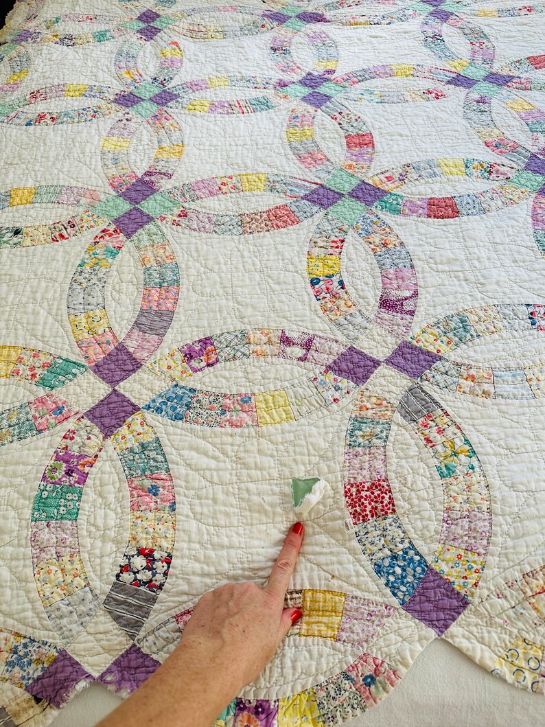 Vintage Purple Green Double Wedding Ring Quilt Twin Size Etsy