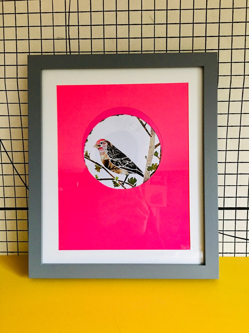 Paper cut bird with neon card and collage image 2