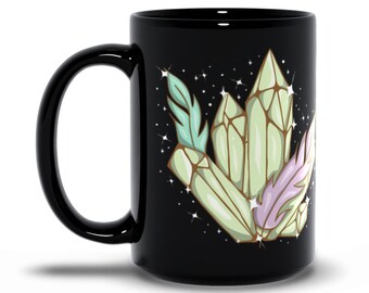 Pastel Crystals and Feathers Boho Witchy Crystal Lover Black Ceramic Coffee Tea Mug | Crystal Lover Gift Witchy Mug Pastel Witch Mug Gift