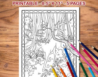 May include: A black and white line drawing of a unicorn in a forest setting. The unicorn is standing on its hind legs with its head turned to the side. There are trees, flowers, and mushrooms in the background. The image is 8.5 inches by 11 inches and is part of a set of 5 printable coloring pages.