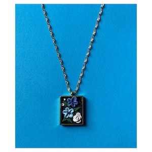 Flower necklace, framed art necklace, flower sculpture necklace, blue flower necklace