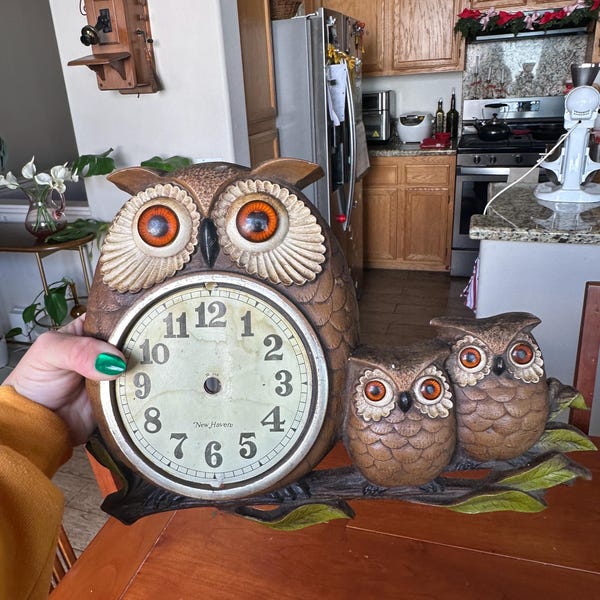 Vintage New Haven Owl Family Clock