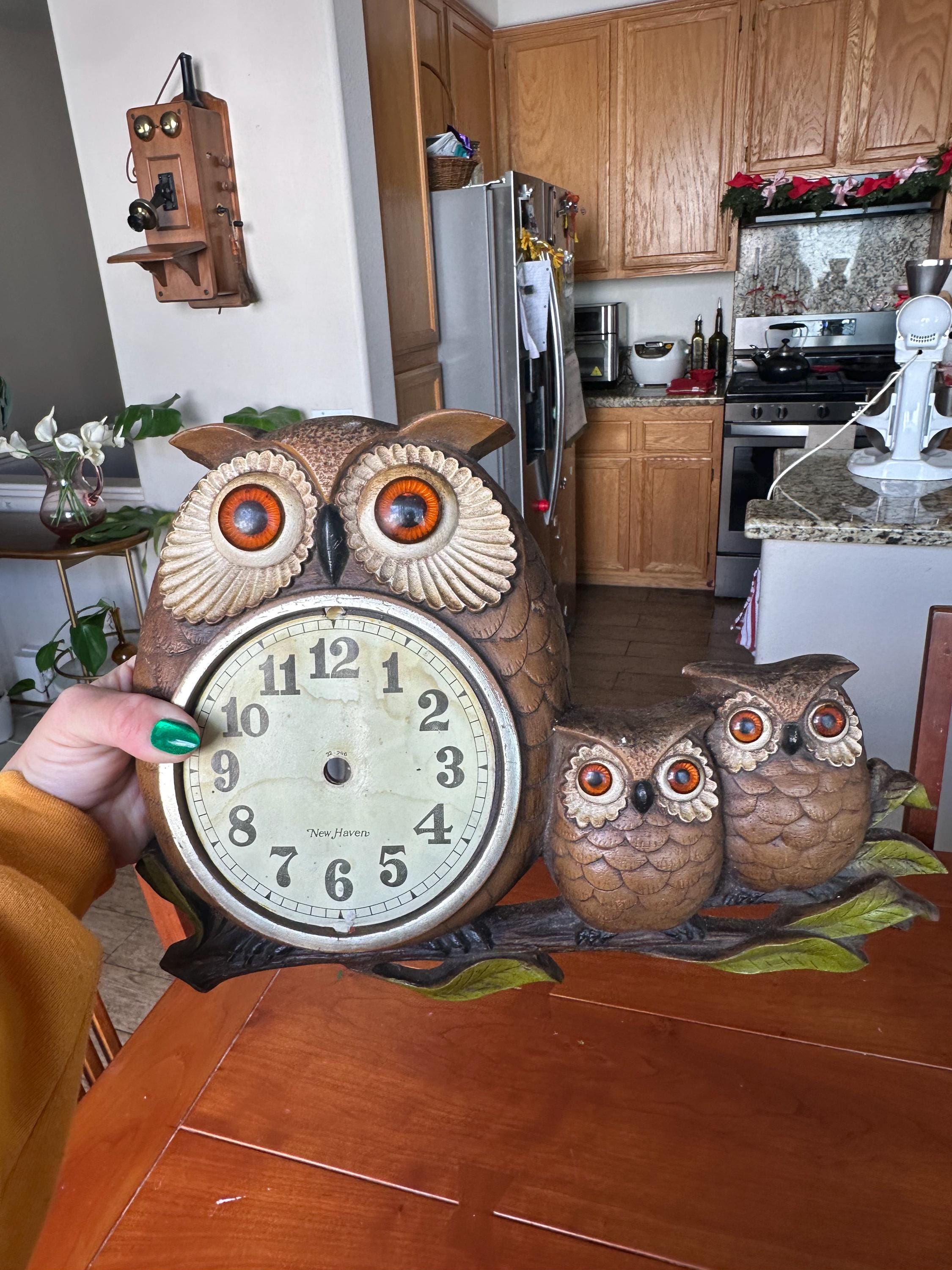 レアBIG！60s〜70s フクロウ親子の壁掛け時計　梟アメリカアンティーク雑貨 掛時計 ふくろう掛け時計sn-silver 鑄物 キュービック おしゃれ