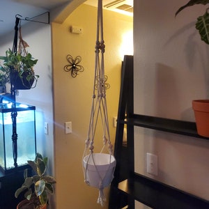 May include: A white macrame plant hanger with wooden beads hangs from a hook on a white wall. A white pot with a plant is in the hanger.