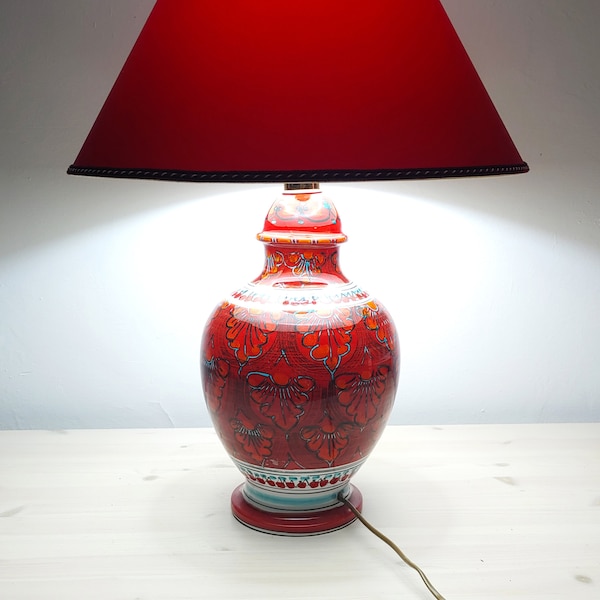 lamp with red lampshade, living room light, home furniture, handmade, unique piece, Aeolian ceramics, Sicilian artisan ceramics, Salina