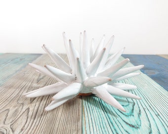 Sicilian handmade ceramic sea urchin 15 cm white, sea urchin, sea urchin spines, ring holder, table decoration, home design