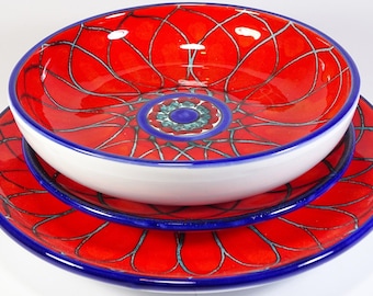 Servizio di piatti 18 pezzi in ceramica Eoliana Siciliana nome decoro fuoco di Stromboli, fatto a mano,per la tavola,colorato,dipinto a mano