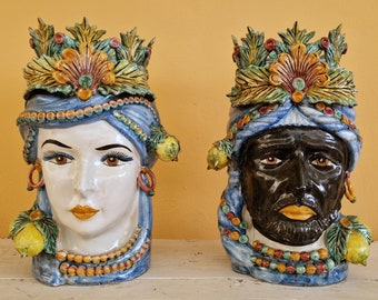 giant Moor heads 55 cm in Sicilian Caltagirone ceramic, Caltagirone heads, Moor heads, ceramic heads, vases, plant holders