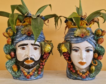 giant Moor heads 55 cm in Sicilian Caltagirone ceramic, Caltagirone heads, Moor heads, ceramic heads, vases, plant holders