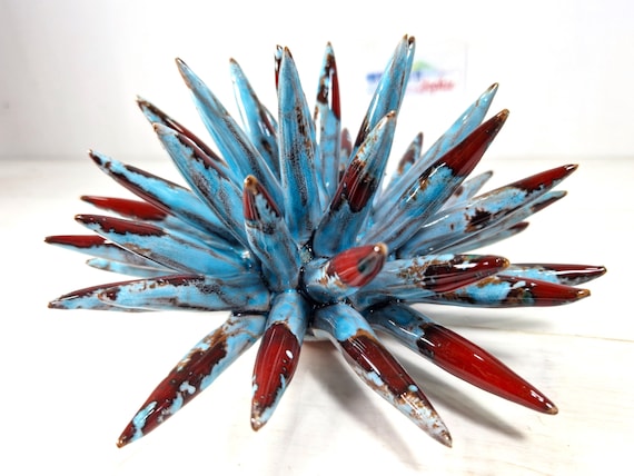 Sea urchin 20 cm multicolor Sicilian handmade ceramic, hedgehog thorns, ring holder, table decoration, home design, curly pencil